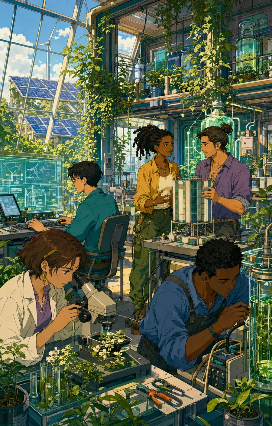 Equipo trabajando en un laboratorio solarpunk con estilo anime de los años 90